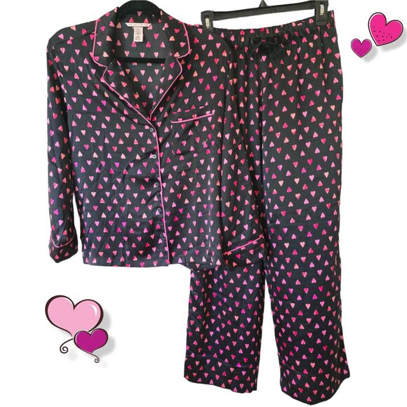 Victoria's Secret Satin Long Pajama Set Lounge Sleep Black Pink Hearts PJs Small - Picture 7 of 14